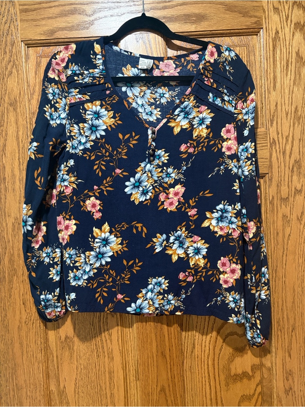 Elementz Navy Blue Orange Floral Roll-Tab Blouse – Medium